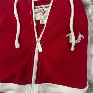 red and white true religion hoodie